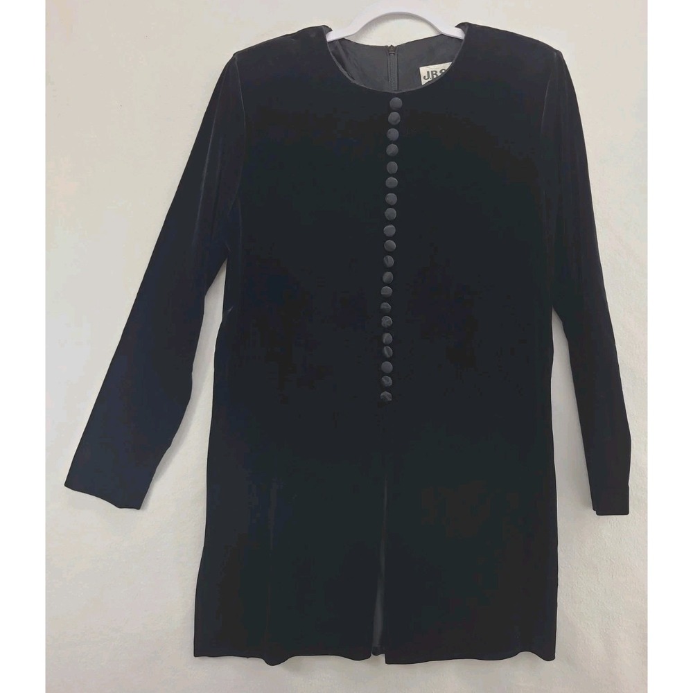 Vtg J.B.S. LTD Size 10 Black Velvet Button Up Tunic Top Holiday Back Zipper